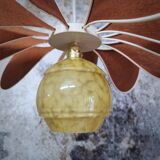 Pendant light flower 12 blades linen, rattan and glass globe of Clichy