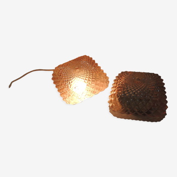 Vintage cast amber glass ceiling lamp spiked pattern for retro furniture from the 50s-60s