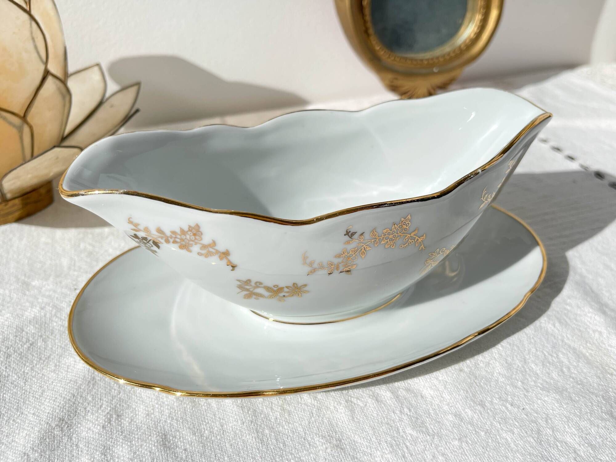 J&Ciem France 1950 white gilded porcelain sauce boat with floral pattern