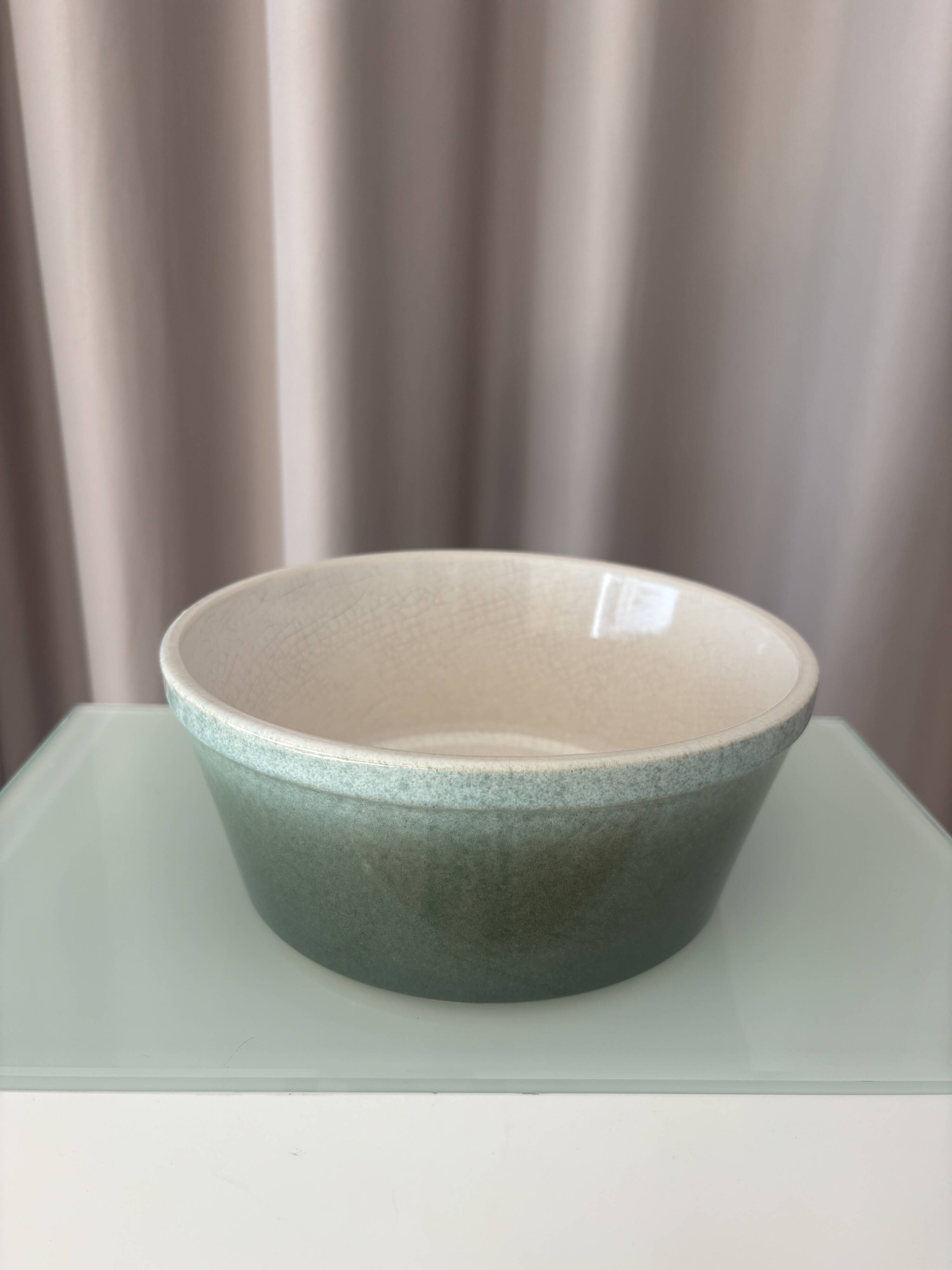 Vintage Scandinavian Stoneware Serving Bowl – Moss Green & Ivory – Mid Cent