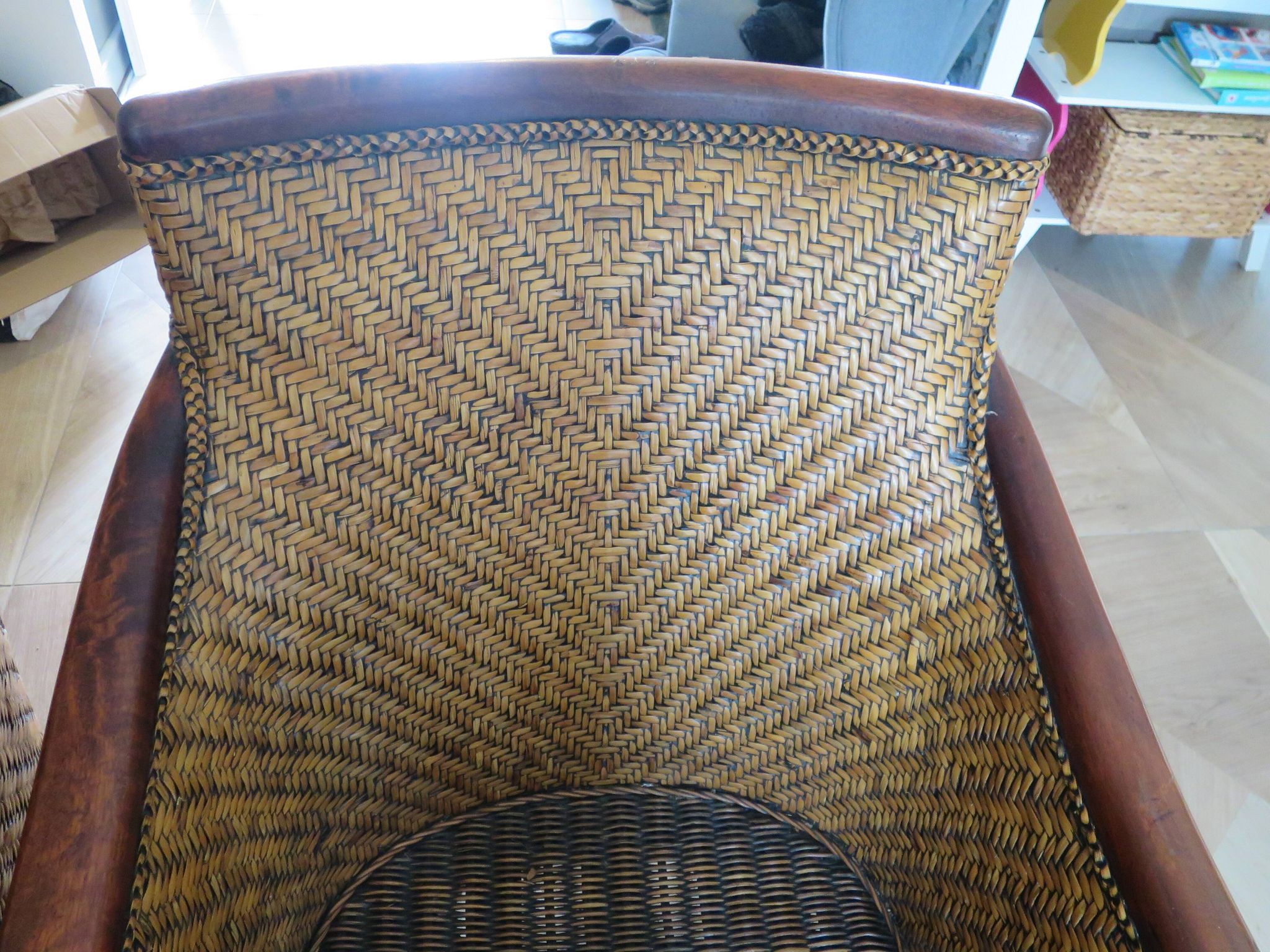Set of 2 armchairs in woven rattan and exotic wood, 1980s