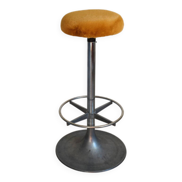 Tabouret haut vintage fonte d'aluminium et moumoute