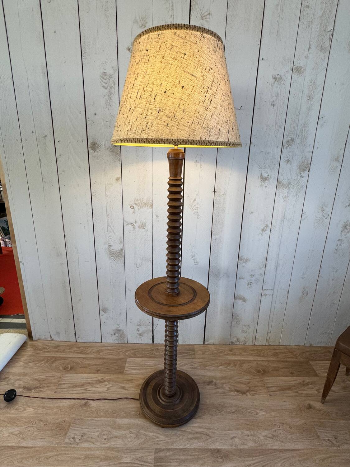 Turned wooden floor lamp