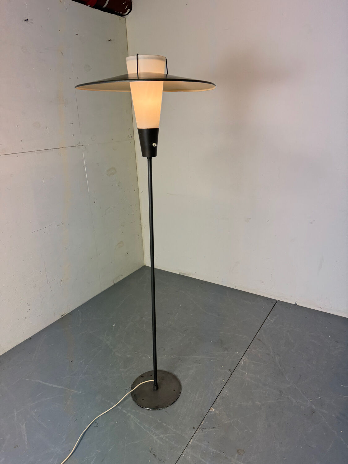Mid Century France Modernist steel, brass and glass floor lamp, 1950s