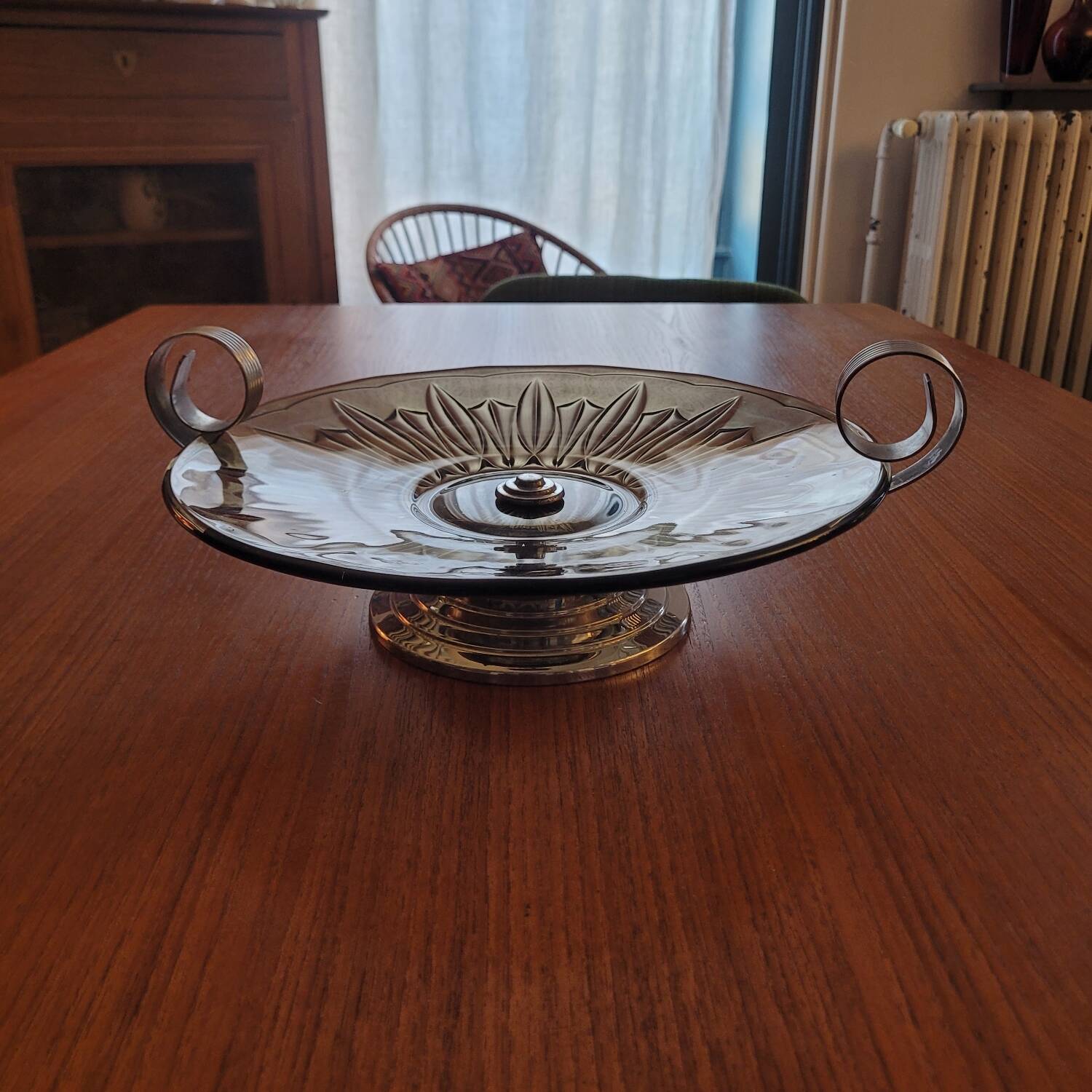 Art Deco smoked glass and chrome-plated metal bowl – 1930s