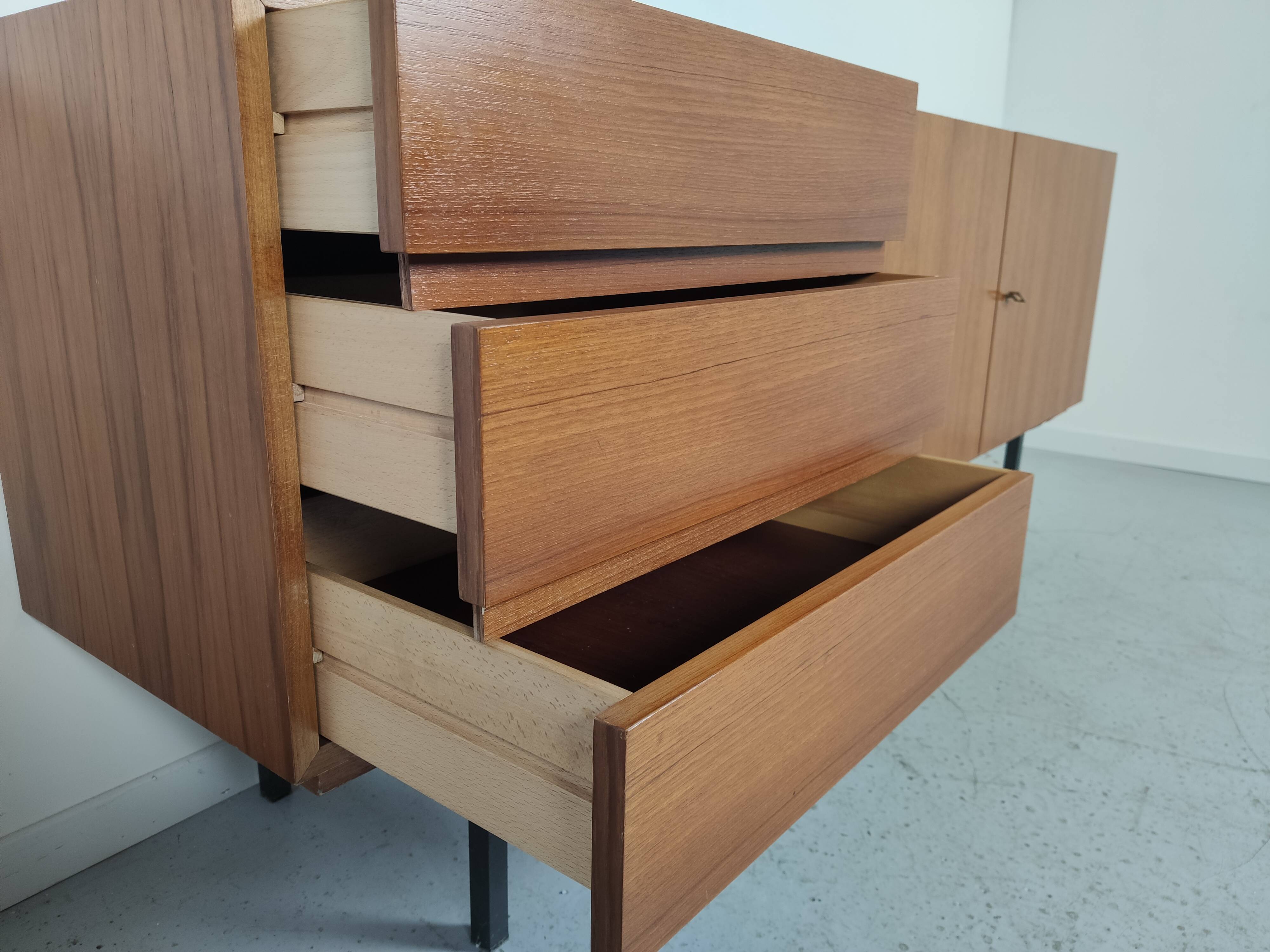 Scandinavian vintage teak and metal long sideboard, 60s