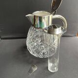 Important jug with ice reserve in cut crystal and silver-plated metal
