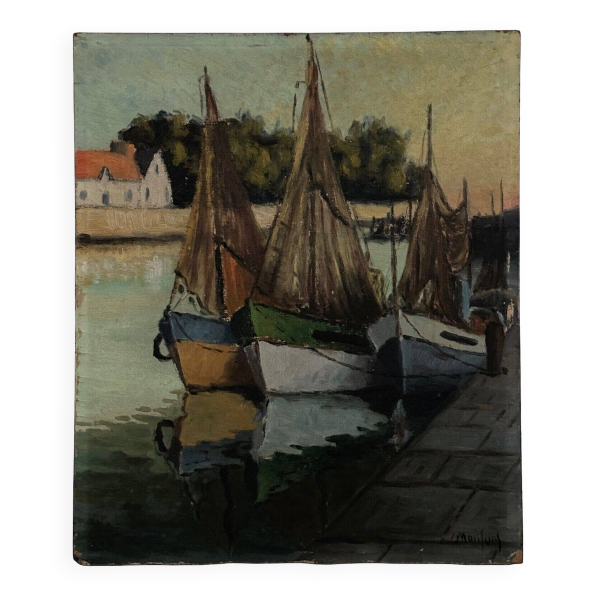 Oil on cardboard fishing boats at the quayside 20th century by Moufunt