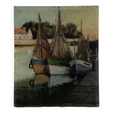 Oil on cardboard fishing boats at the quayside 20th century by Moufunt