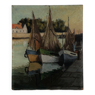 Oil on cardboard fishing boats at the quayside 20th century by Moufunt