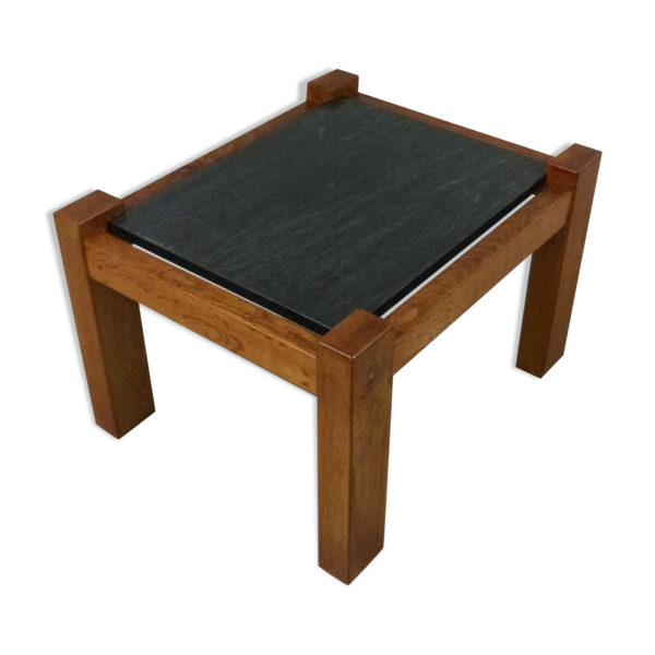 Table d'appoint brutaliste en chêne et pierre naturelle, années 1970