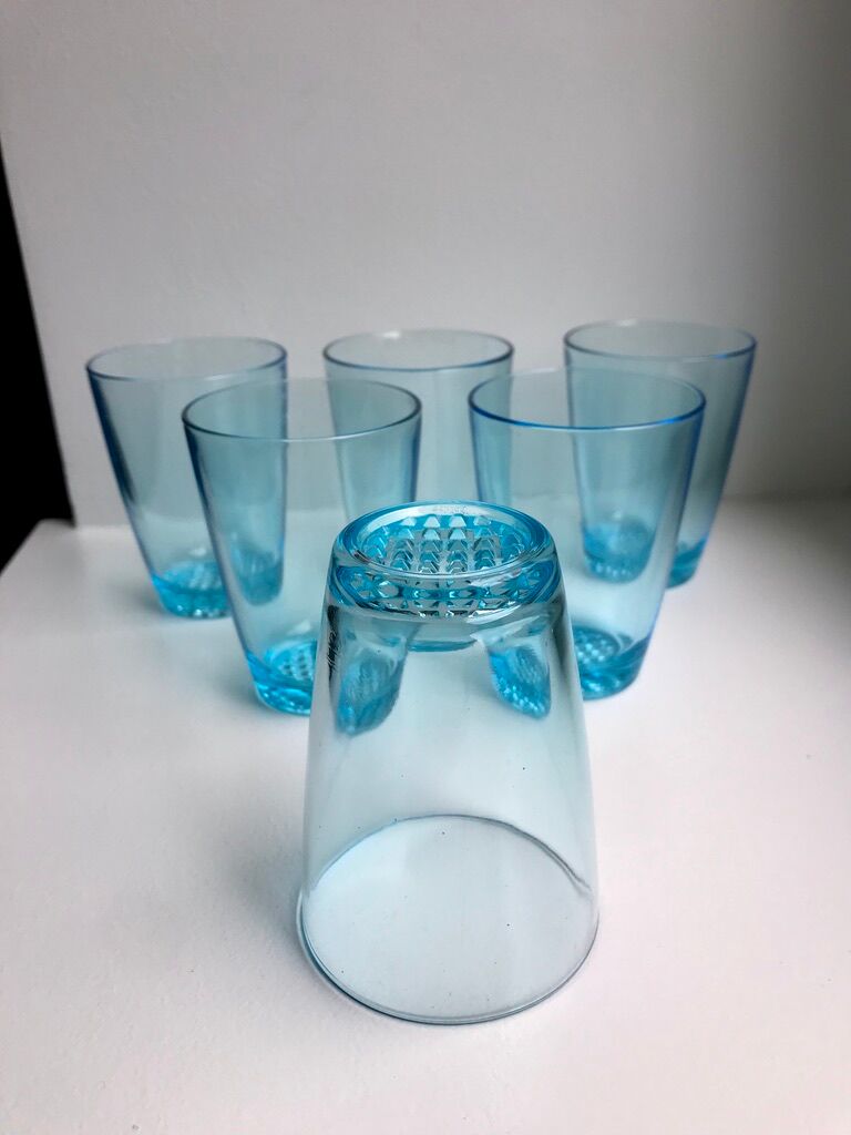 set of 6 water glasses Made in France blue glass 70s