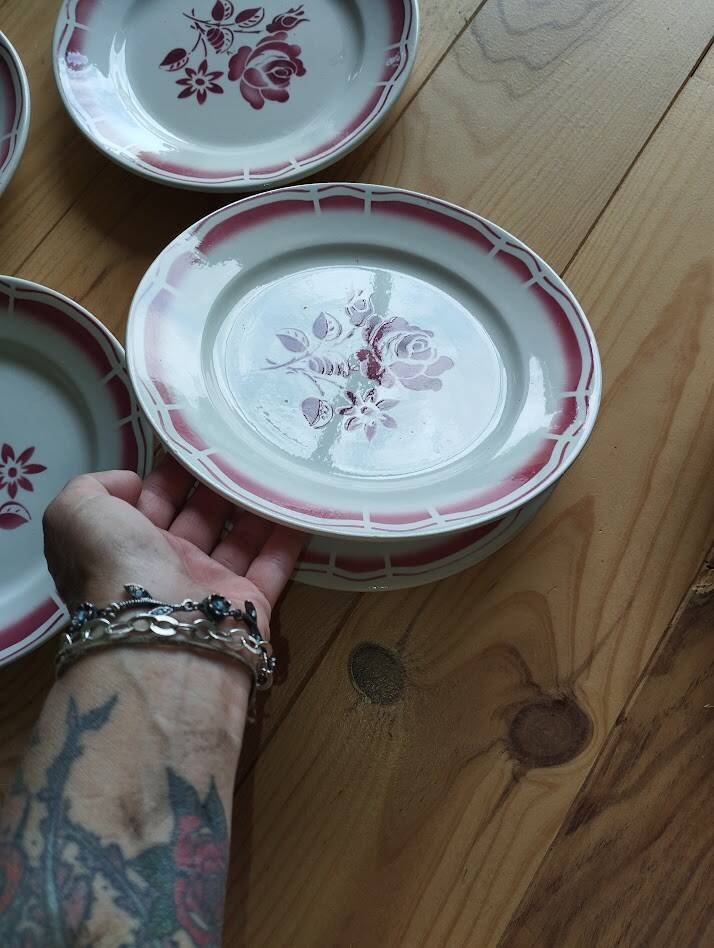 Charming set of 6 antique flat plates from the Badonviller factory.