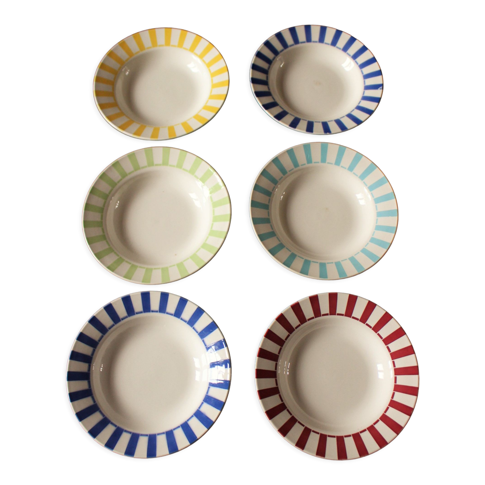 Lot 6 hollow plates Digoin Sarreguemines stripes colors