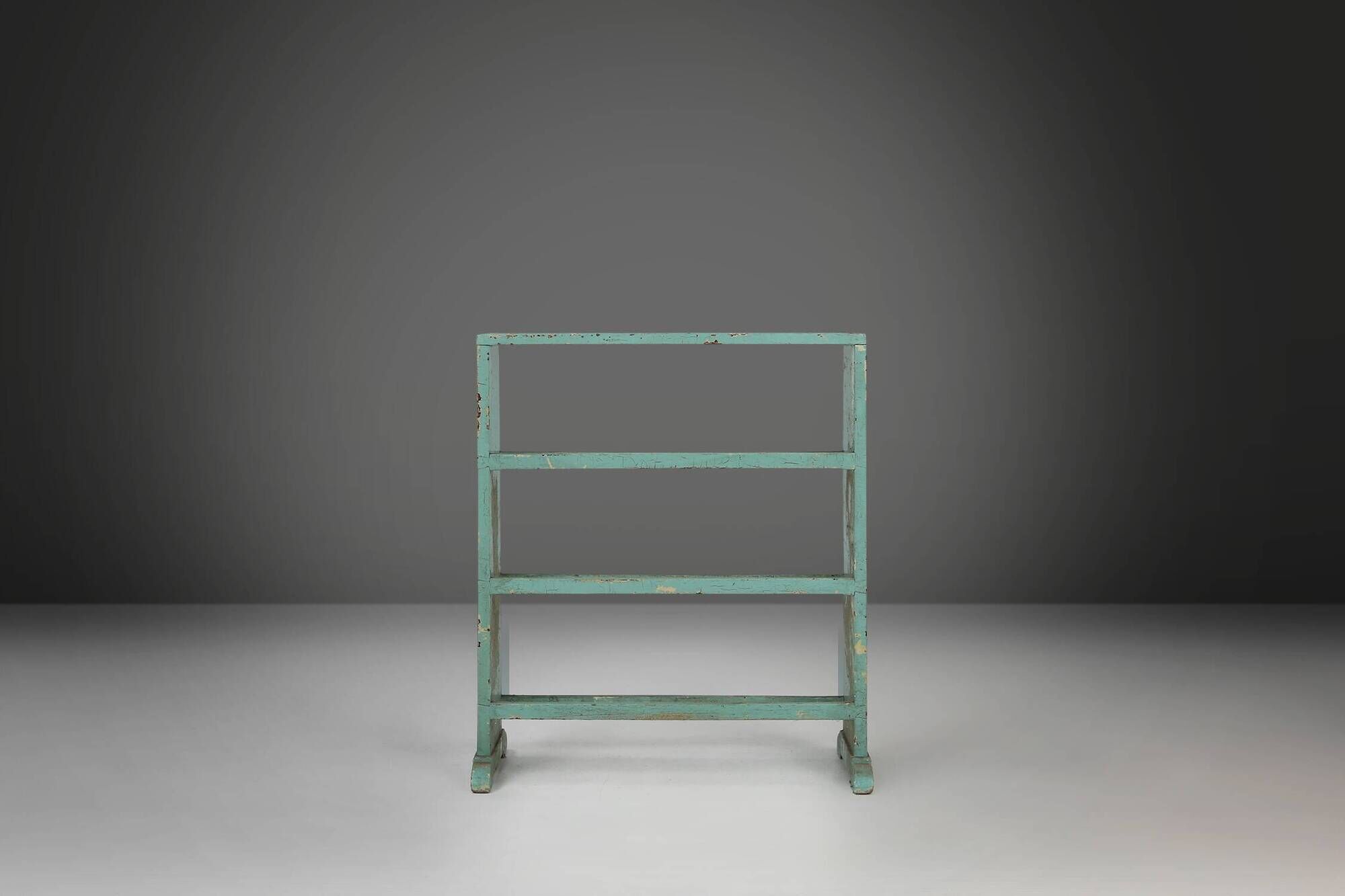 Industrial small mint-colored rack or bookcase with 4 shelves and beautiful patina, Belgium, 1920s