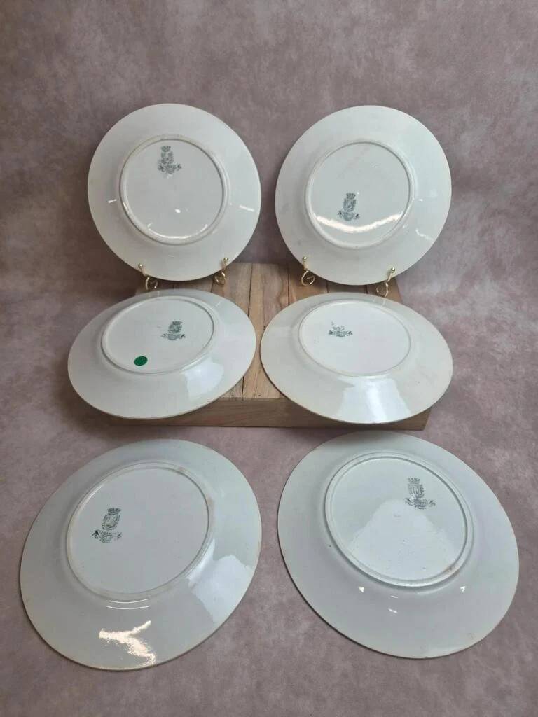 Set of 6 flat plates, Gien Montigny ironstone – old green decoration.