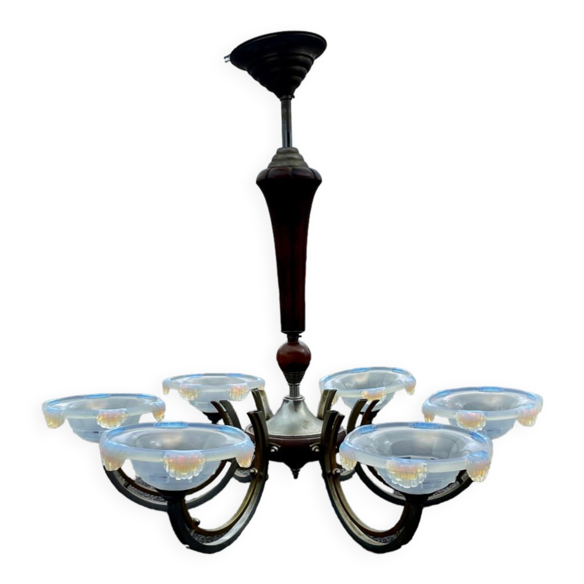 Chandelier 6 arms art deco by Ezan Petitot in opalescent glass