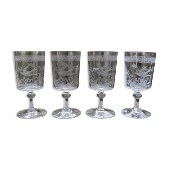 4 crystal water glasses with bird engraving and Flowers Baccarat Saint Louis
