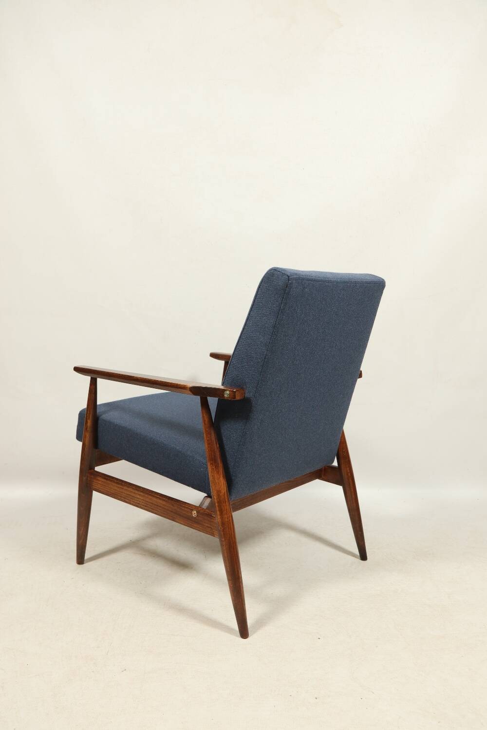 Scandinavian armchair navy blue natural wool dark brown wood design by H.Lis