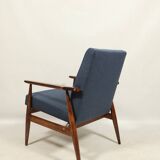 Scandinavian armchair navy blue natural wool dark brown wood design by H.Lis
