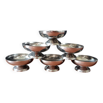6 stainless steel ice cream cups and spoons, French, stainless steel bowl
