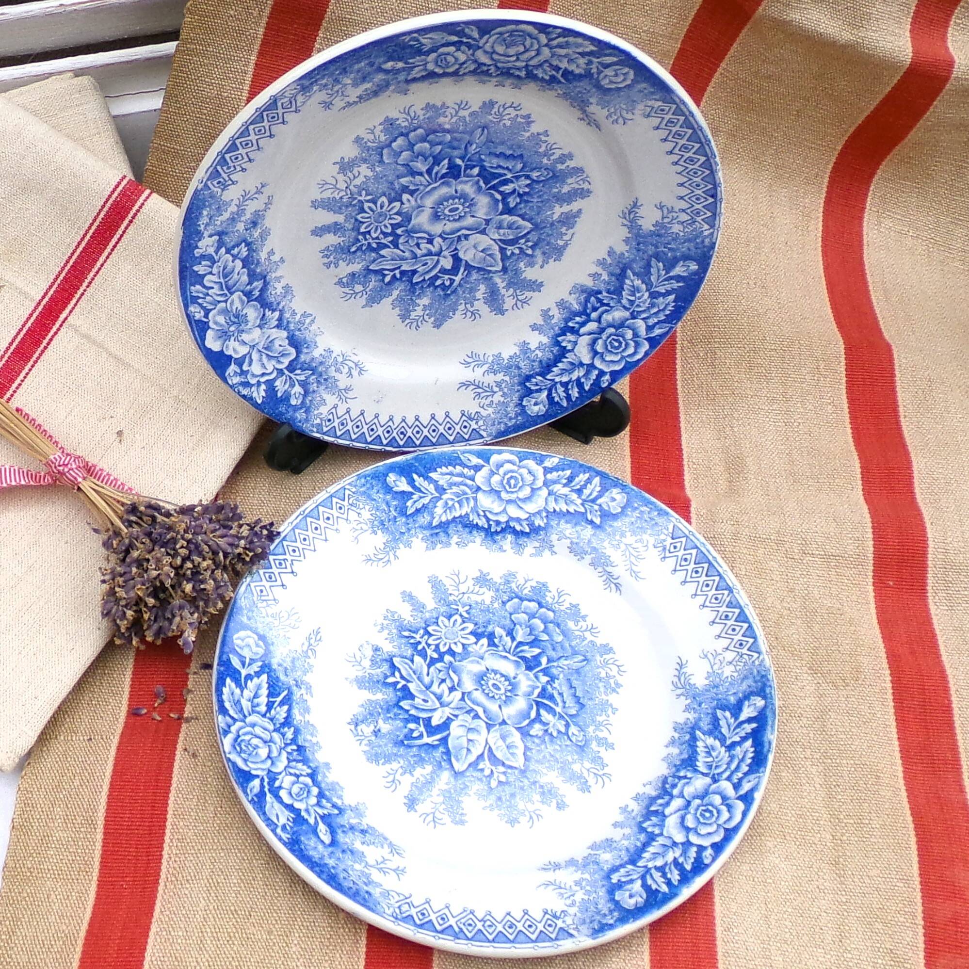 2 blue and white floral plates Terre de Fer St Amand Jardinière