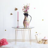 Triple tripod table in golden brass and screen-printed glass