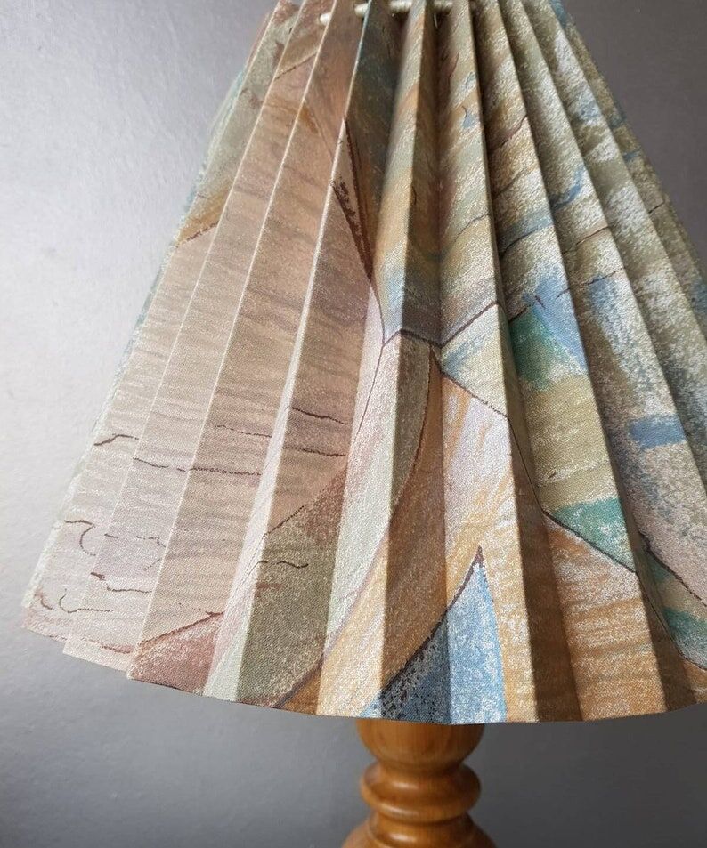 Vintage wooden lamp with pleated fabric lampshade 1980