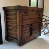 Japanese antique wooden chest with black fittings.