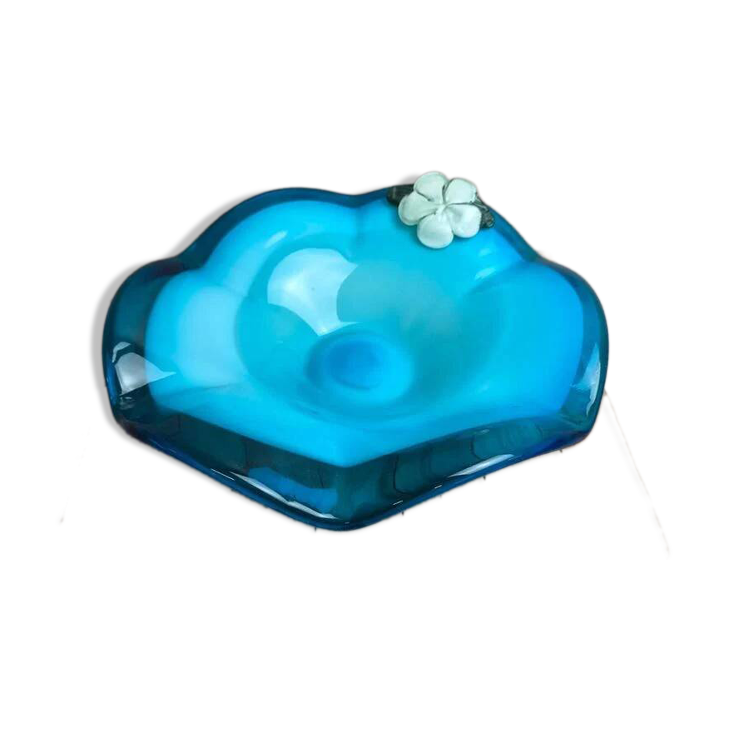 Large vintage blown glass bowl in turquoise – Murano style – applied flower