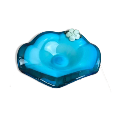 Grande coupe vintage en verre soufflé turquoise – style Murano – fleur appliquée