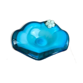 Grande coupe vintage en verre soufflé turquoise – style Murano – fleur appliquée