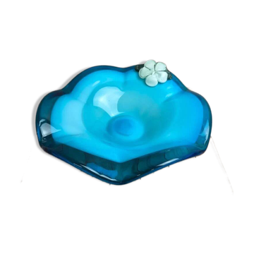 Grande coupe vintage en verre soufflé turquoise – style Murano – fleur appliquée