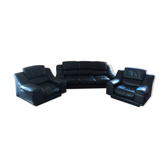 Set of living room in vintage leather late 80s, sofa and 2 armchairs, in very good condition