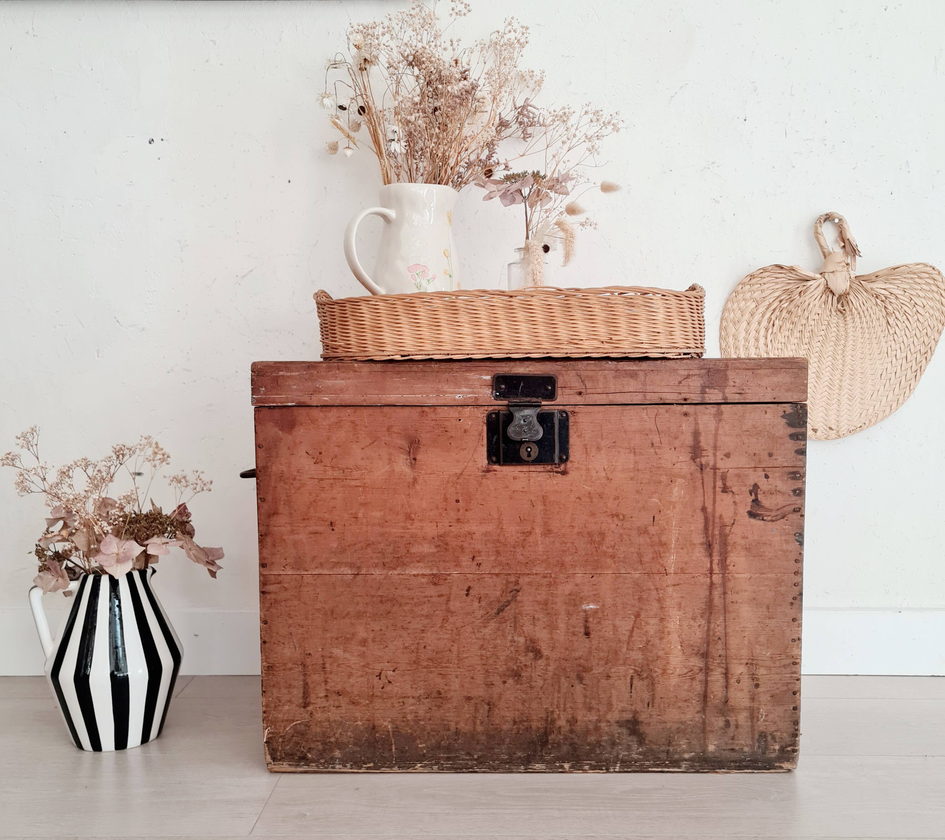 Old wooden chest with metal handles