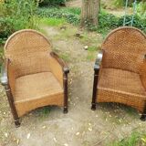 Paire de fauteuils en bois et rotin 1980