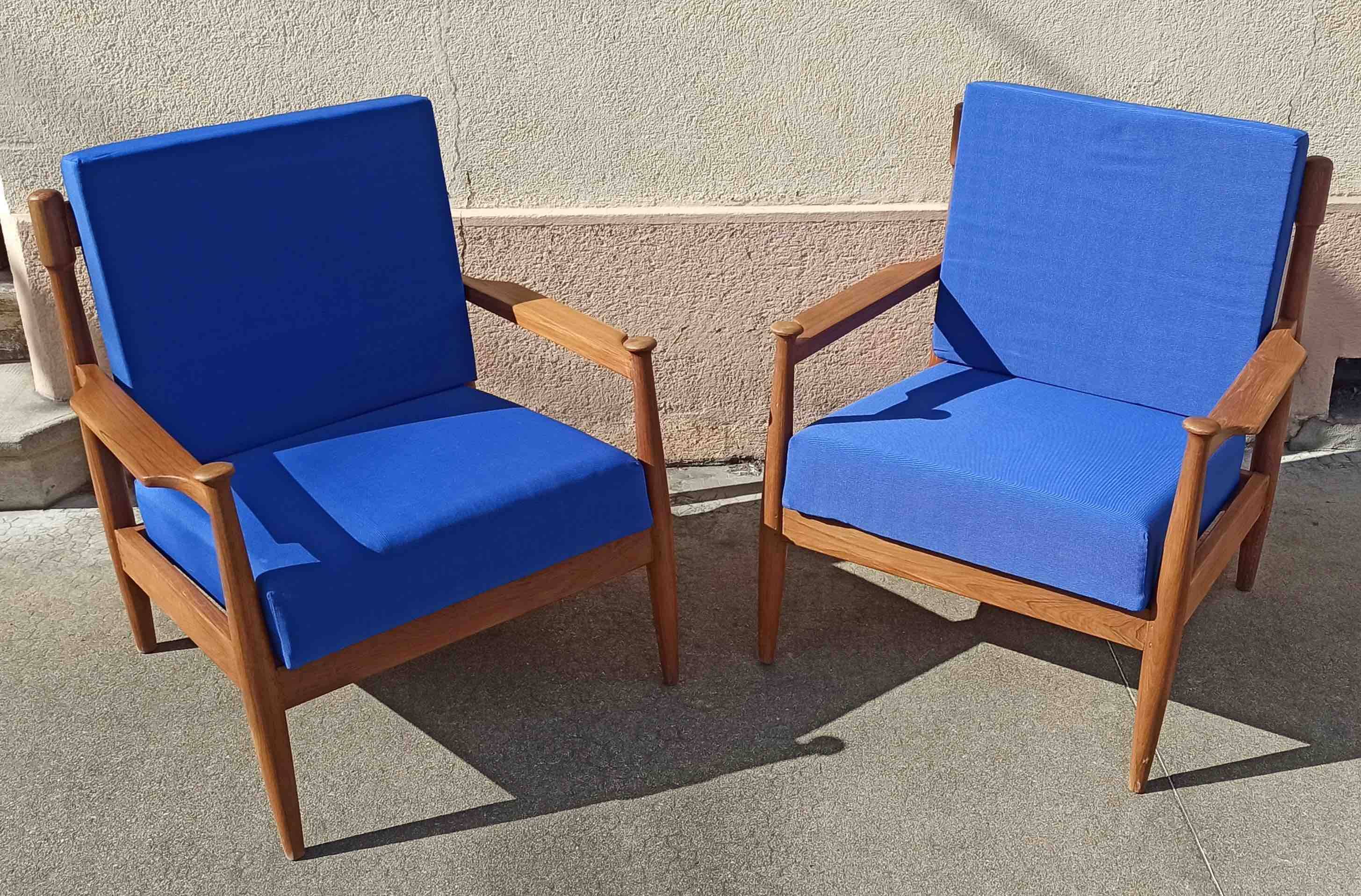 Pair of 1960s Scandinavian armchairs with blue cushions