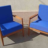 Pair of 1960s Scandinavian armchairs with blue cushions