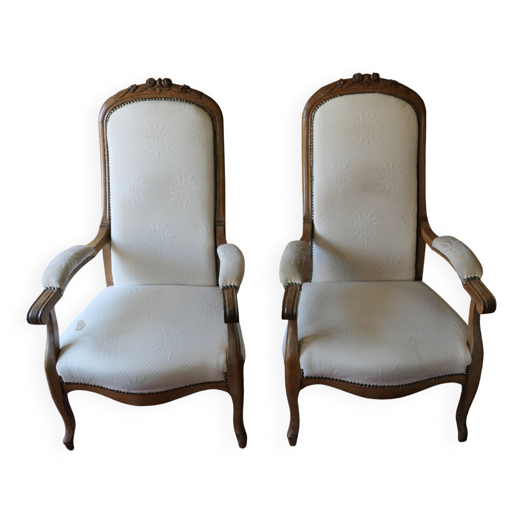 Pair of antique Voltaire armchairs, carved back