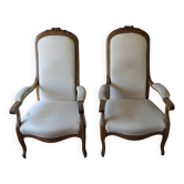 Pair of antique Voltaire armchairs, carved back