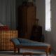 Danish Art Nouveau chaise longue in oak and "Mikey" upholstery by Lisa Larson, 1920s.