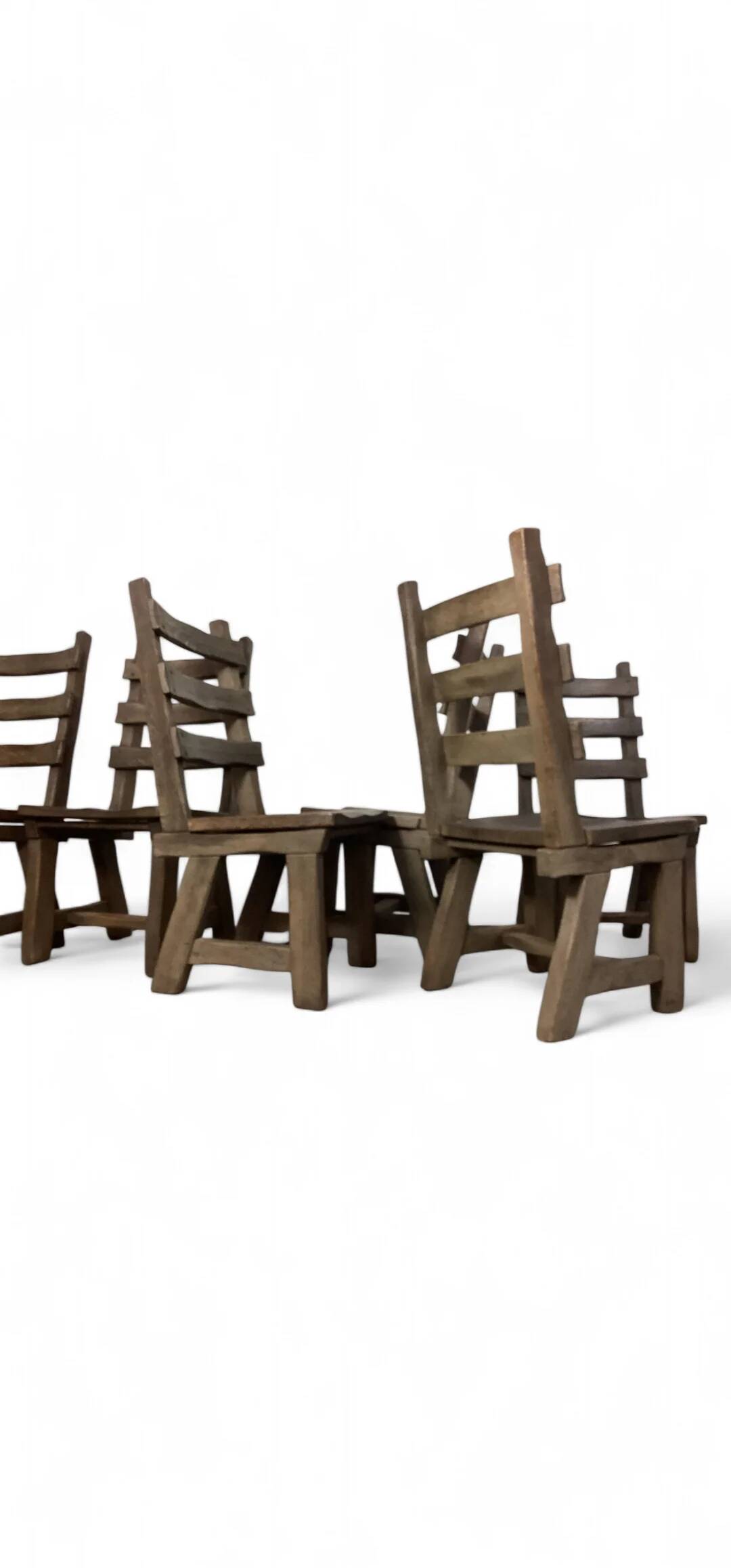 6 x Brutalist oak dining chairs / Belgium 1970s