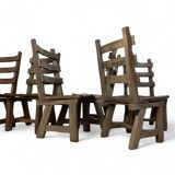 6 x Brutalist oak dining chairs / Belgium 1970s