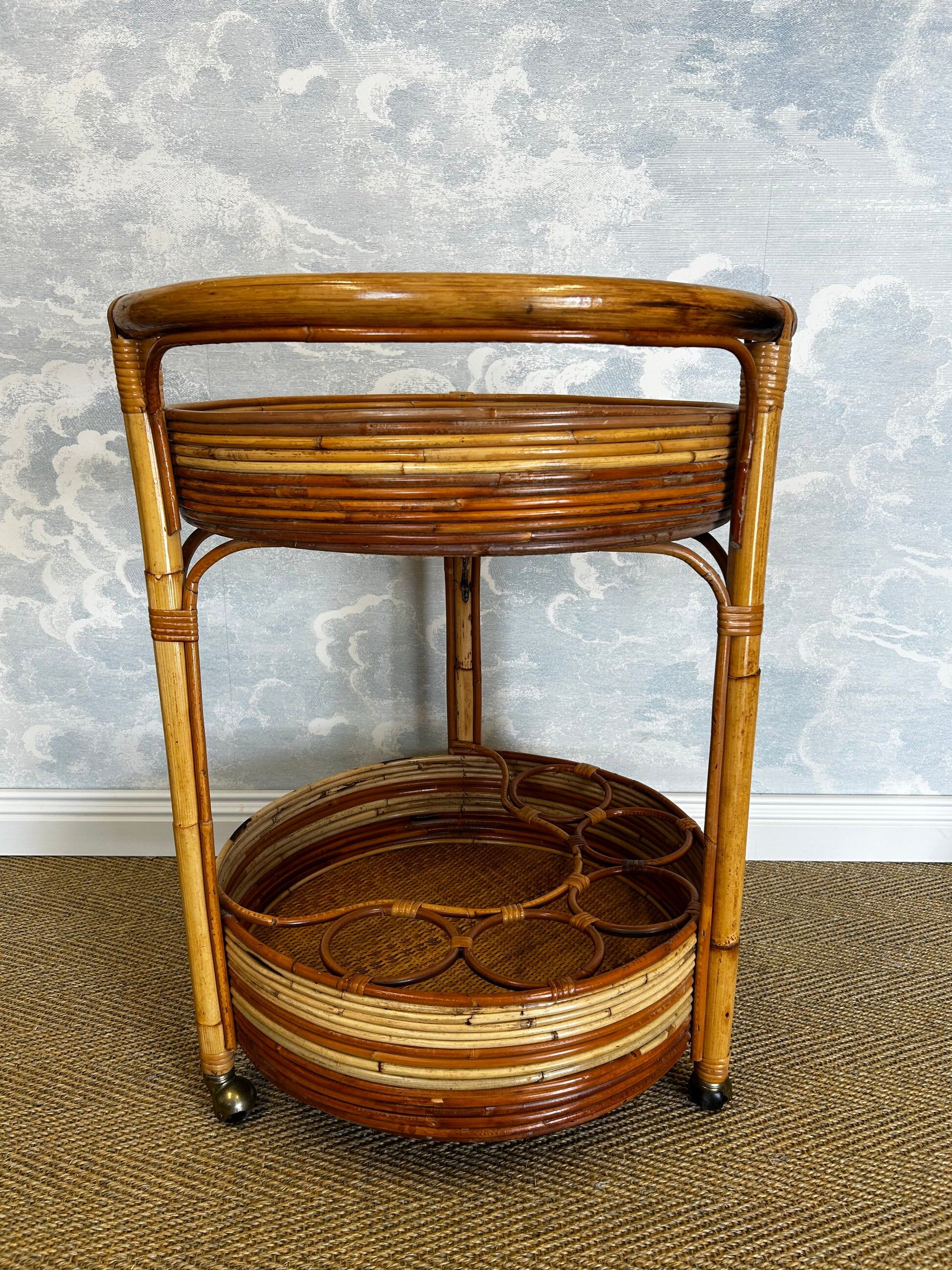 2-tiered round bamboo bar cart in the style of Vivai del Sud, Italy, 1960s