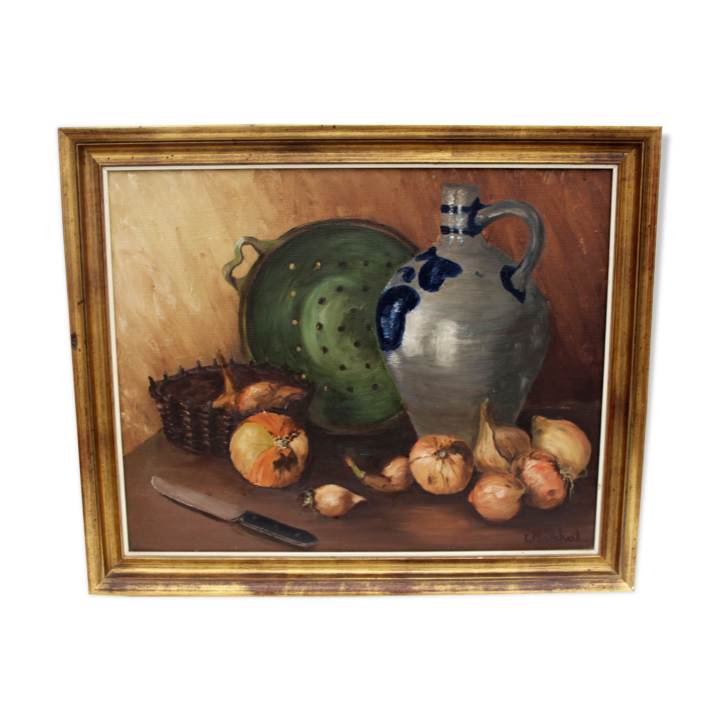 Vintage oil painting on canvas and gold gilded wood frame, still life