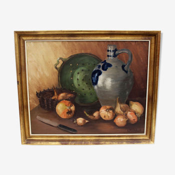 Vintage oil painting on canvas and gold gilded wood frame, still life