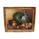 Vintage oil painting on canvas and gold gilded wood frame, still life