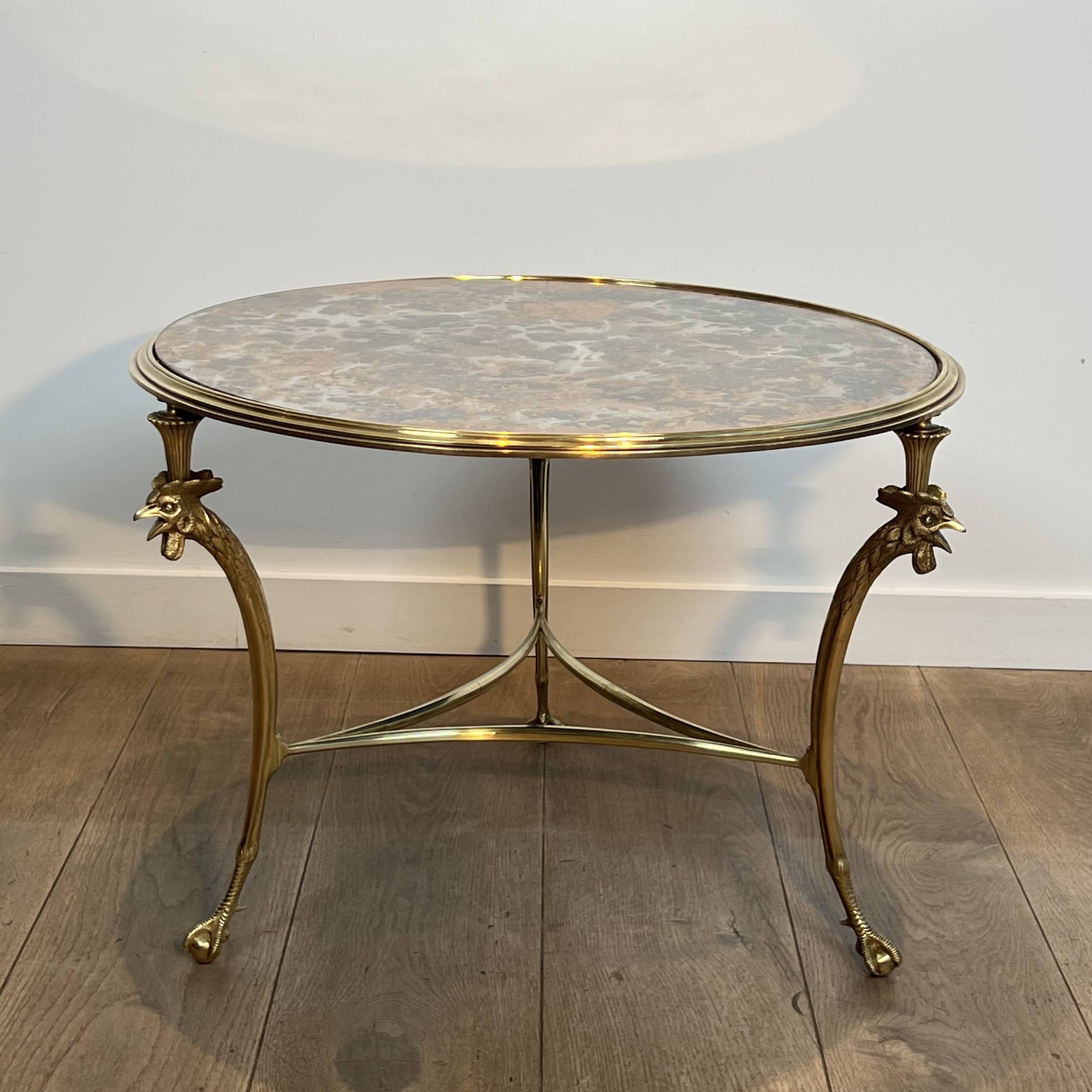 Tripod Circular Coffee Table "Aux Coqs" in Bronze and Églomisé Mirror, May