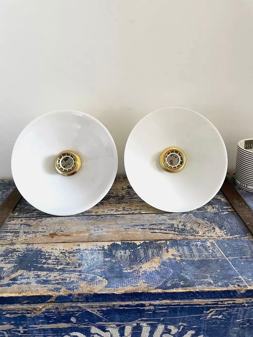 Set of two electrified white opaline wall lamps to nine