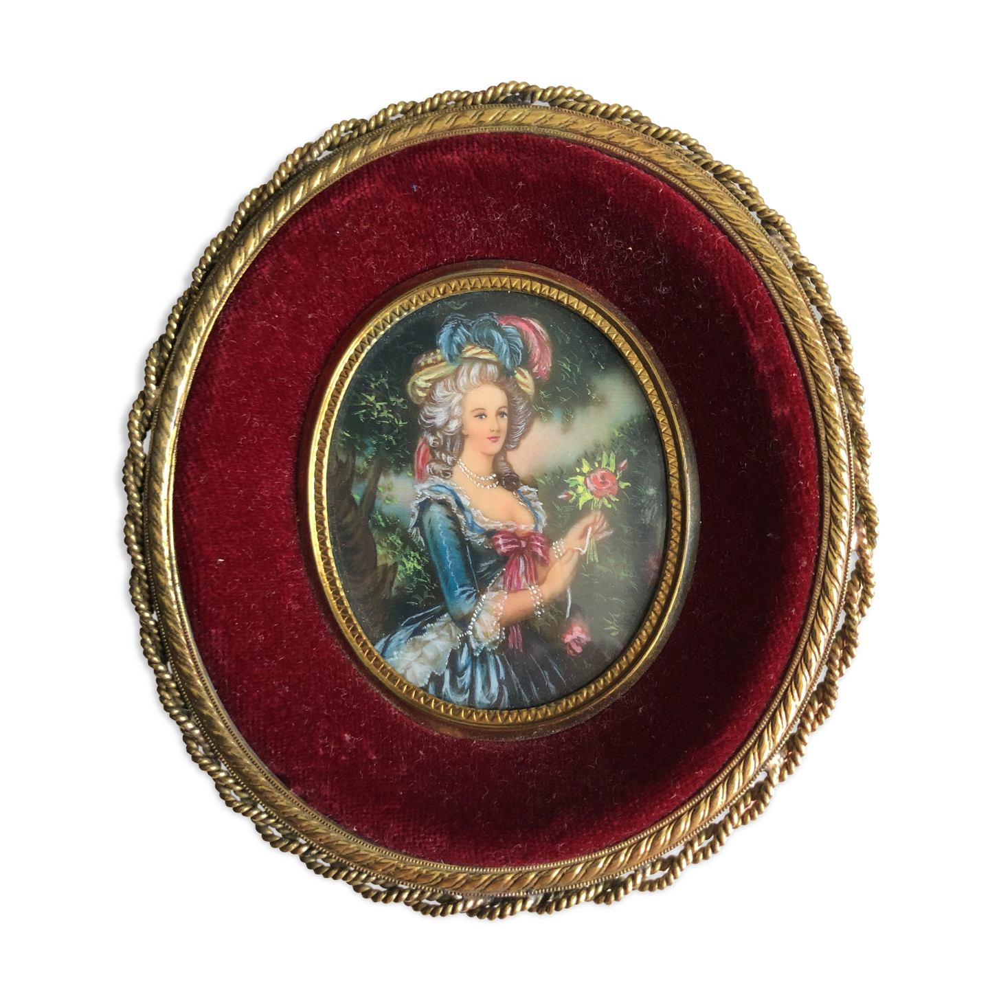 Miniature portrait d'élégante au bouquet